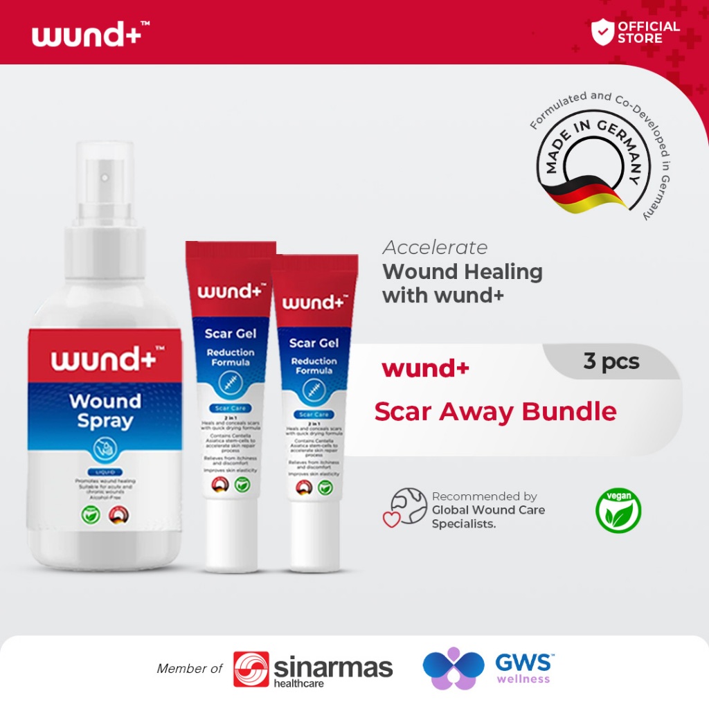 wund+ Scar Away | Scar Gel Penghilang Bekas Luka 2x 15gr | Wound Spray Antiseptik 1x 75ml
