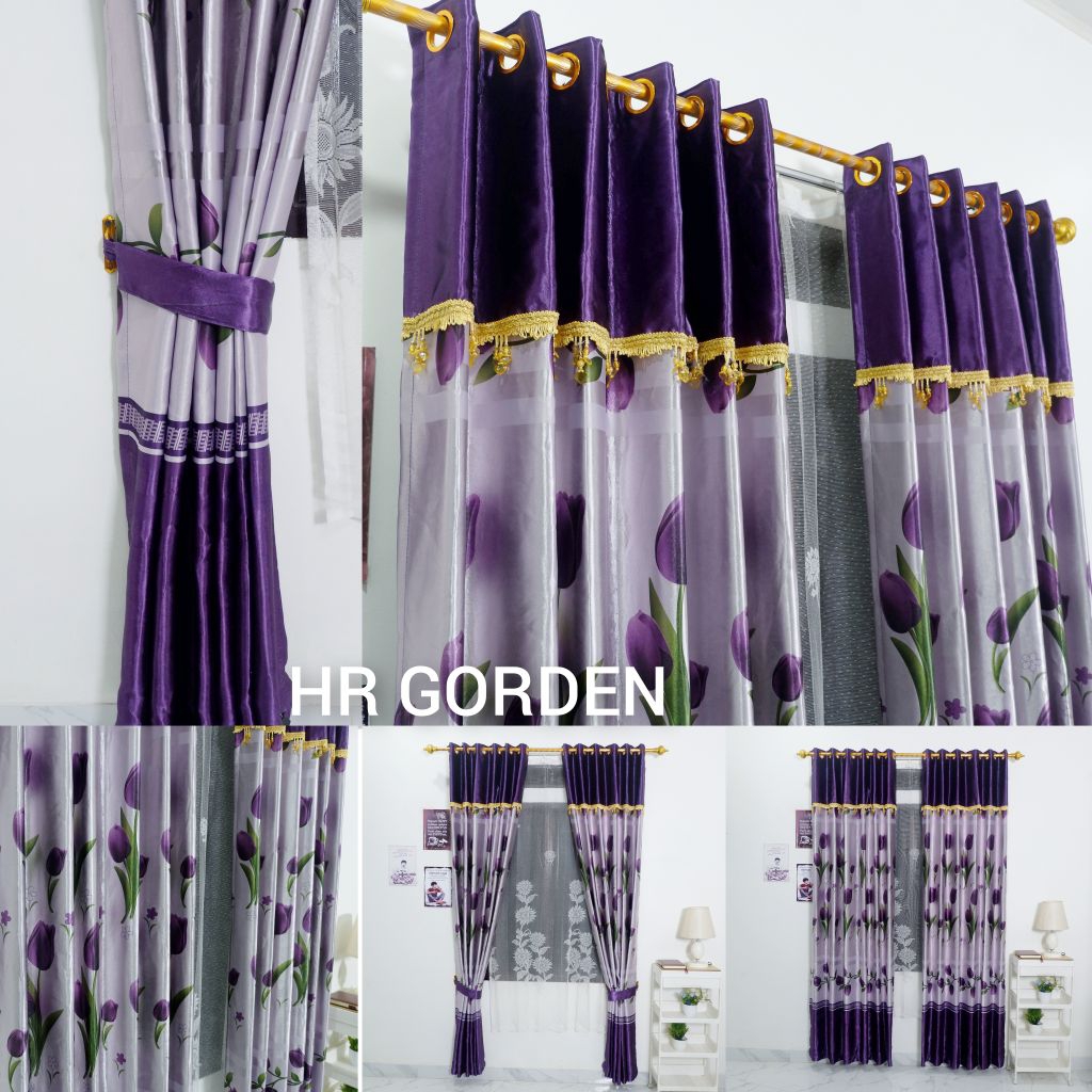 Gorden Berponi Tempel Tirai Gabung Manik Kristal Rumbai Backout Motif Ungu Pintu Jendela Smokring