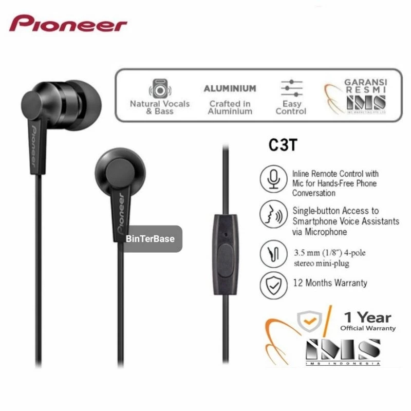 Pioneer SE-C3T In-Ear Earphone with Mic. Deep Bass Original 100% Ori Garansi Resmi aluminium jack 3.
