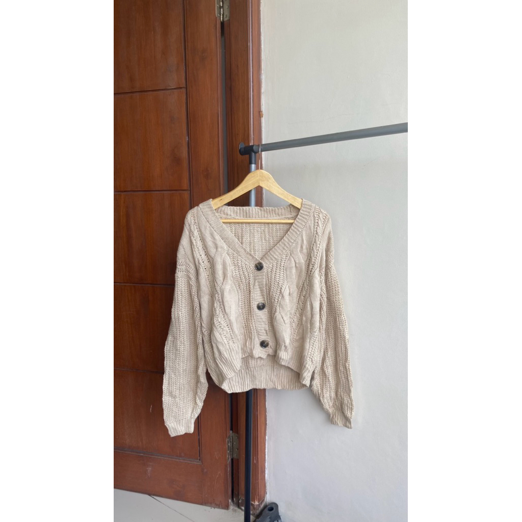 cardigan kepang cable knit crop lengan balon cardigan kepang tebal lengan balon - cardigan rajut kep