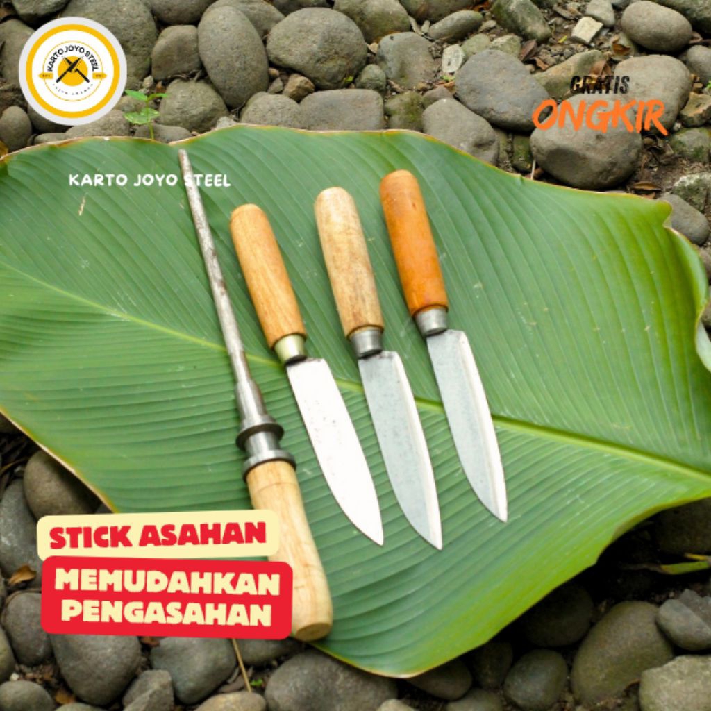 pisau dapur dan asahan paket 3 pisau BONUS STICK ASAHAN bahan baja super tajam