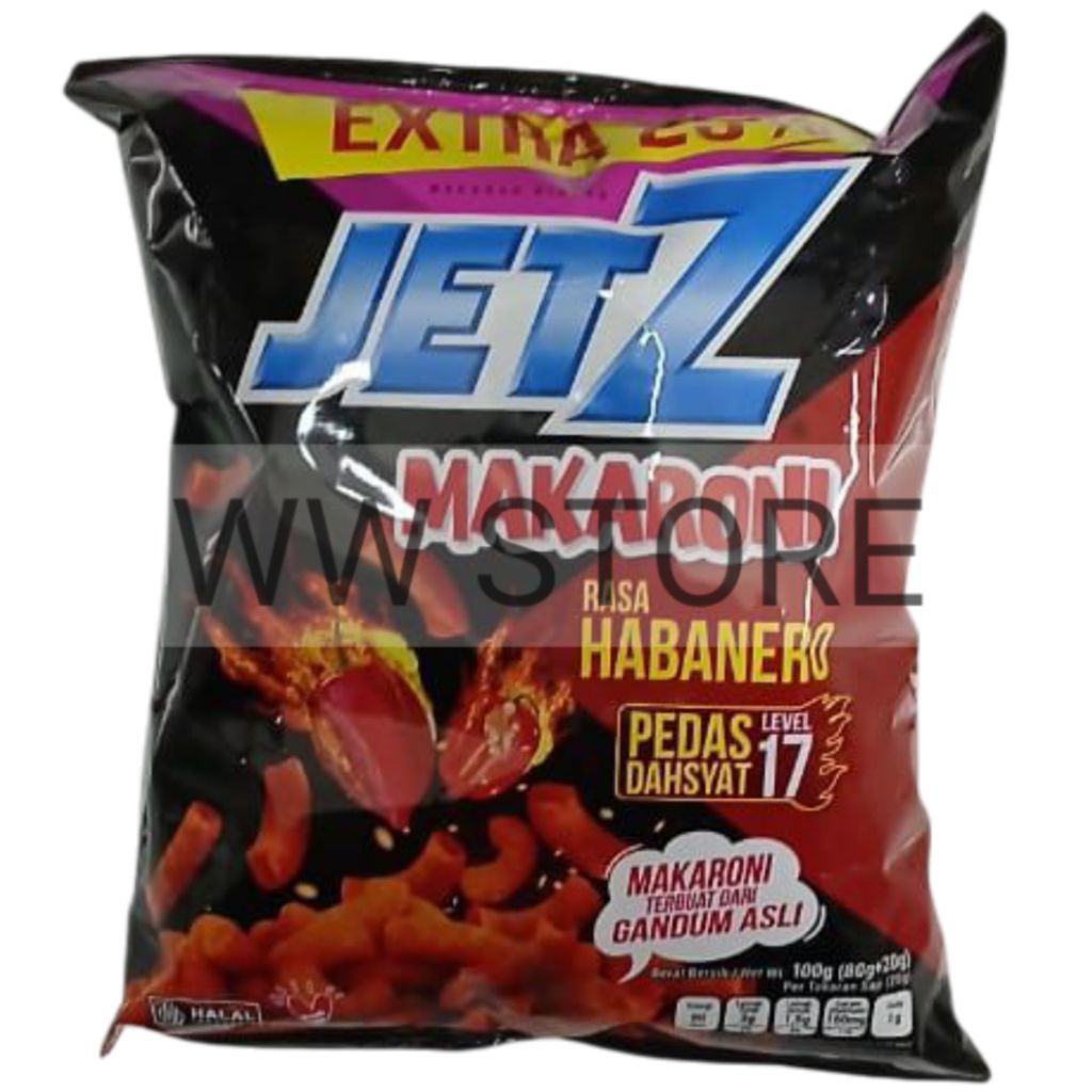 

Cemilan snek makanan ringan macaroni gandum asli Snack halal MUI JETZ MAKARONI rasa HABANERO PEDAS DAHSYAT LEVEL 17 80g