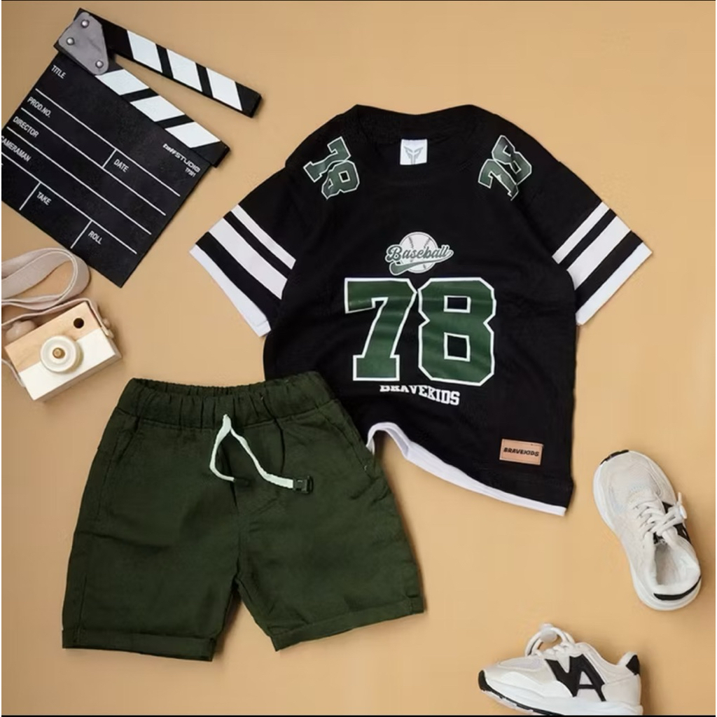 BRAVEKIDS - SETELAN KAOS TWO LAYER BASEBALL DAN CELANA BROADSHORT FASHION COTTON COMBED 24S COD