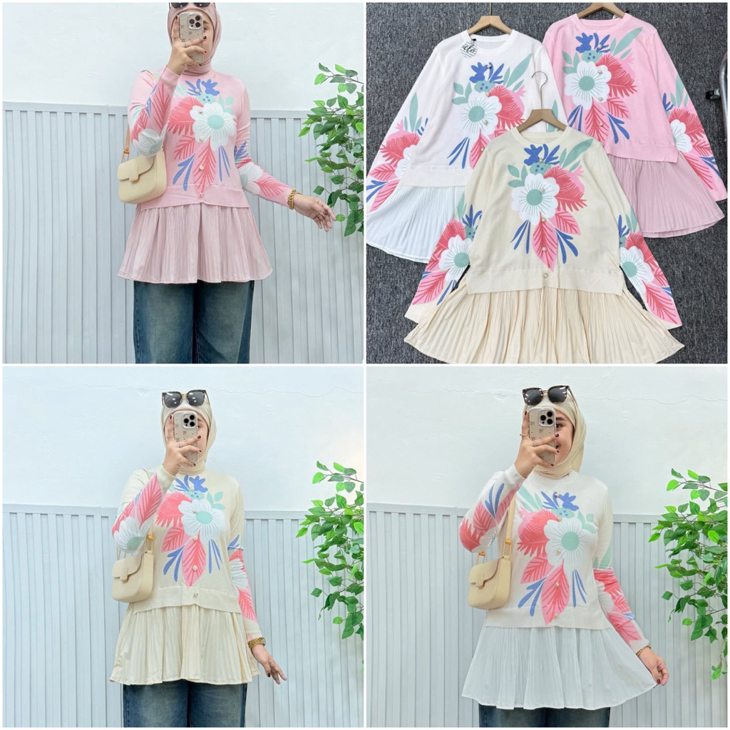 TATAOS BANGKOK HANIA BLOUSE SEMI PEPLUM BUNGA PLISKET KNIT RAJUT STRECH IMPORT