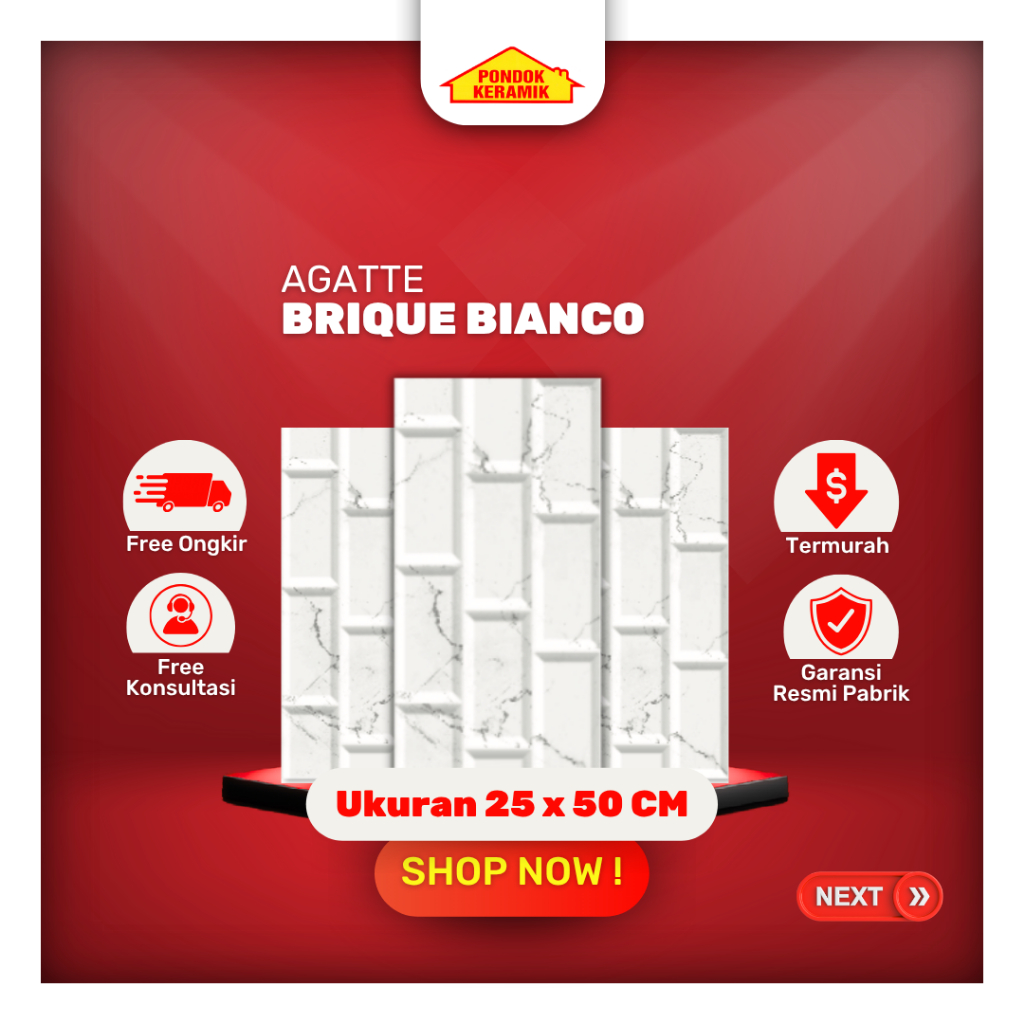 Keramik Dinding Agatte 25x50 Brique Bianco Batu Bata Putih Motif Carara Glossy