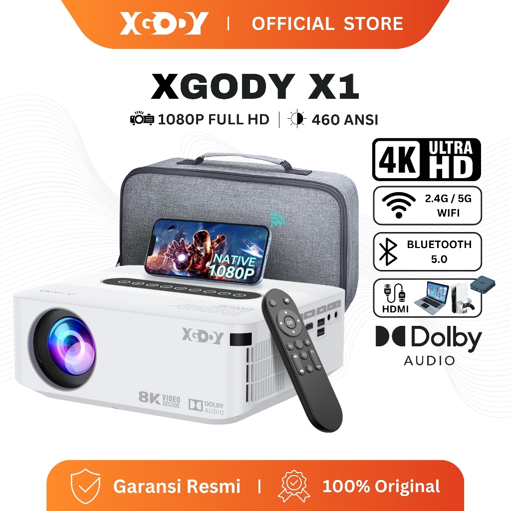 RUMPIN XGODY X1 Smart Proyektor LCD -Android 9 - FHD 1080P -Dolby Atmos -2GB+16GB -Auto Keystone -