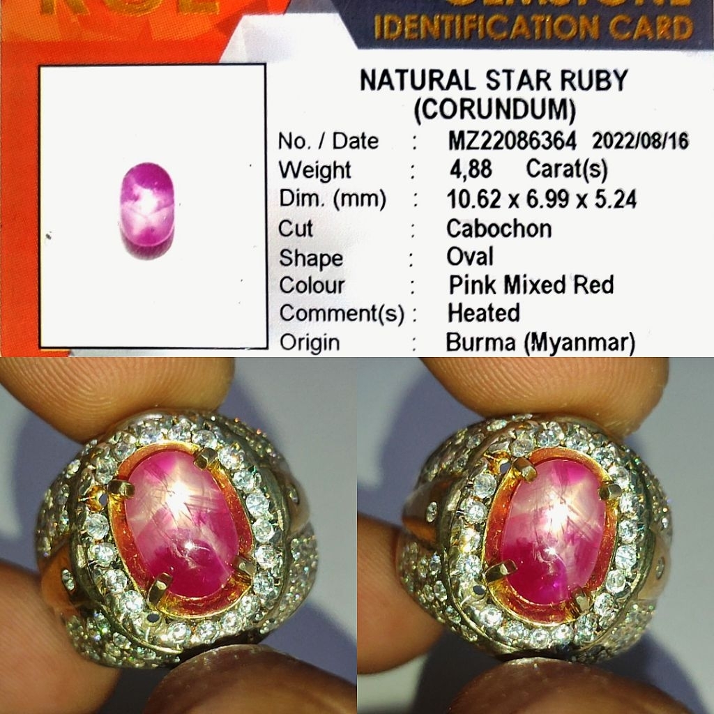 HQ Natural Star Ruby Burma Belang Koi Merah Putih 4.8ct KGL Crystall Star Kenceng Warna Cakep Ring P