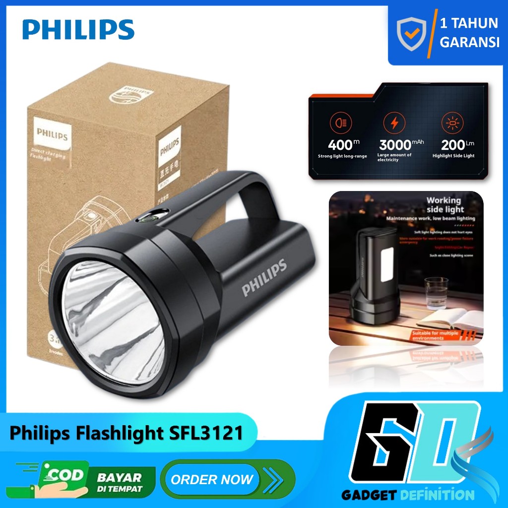 Philips Lampu Senter LED Multifungsi SFL3121 Senter Gunung Senter Jumbo dengan lampu baca samping