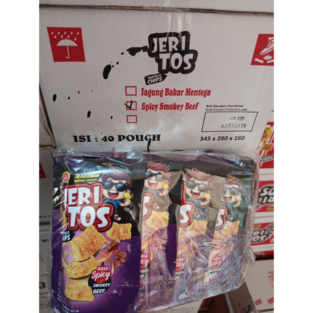 

Snack Jagung Jeritos Tortilla chips Rasa smoke beef spacy-Pouch isi 10- cemilan jagung 30gr