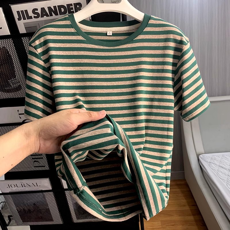 Kaos Lengan oversize Longgar Bergaris Hijau Premium