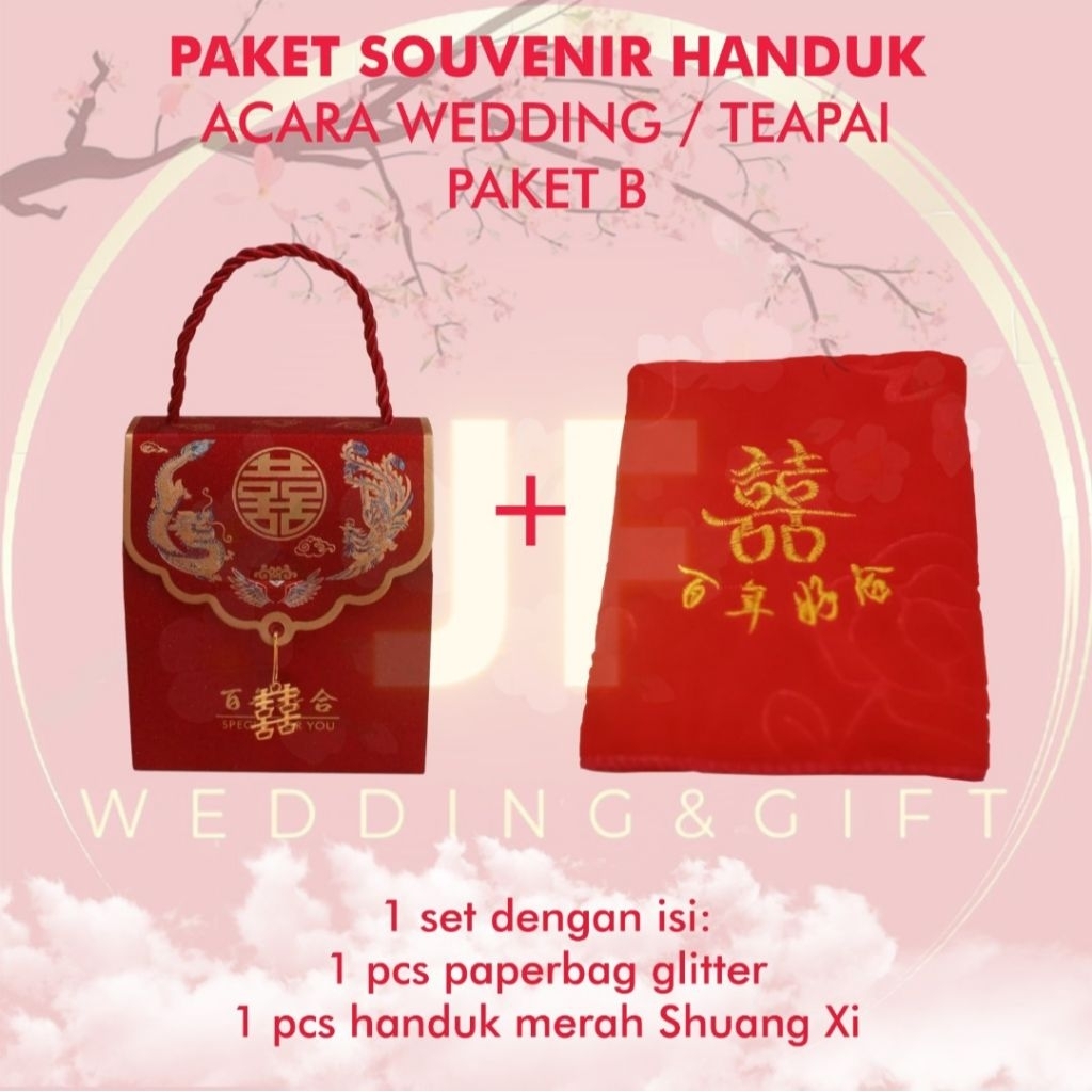 Handuk Merah tulisan Shuangxi + Paper bag untuk Teapai