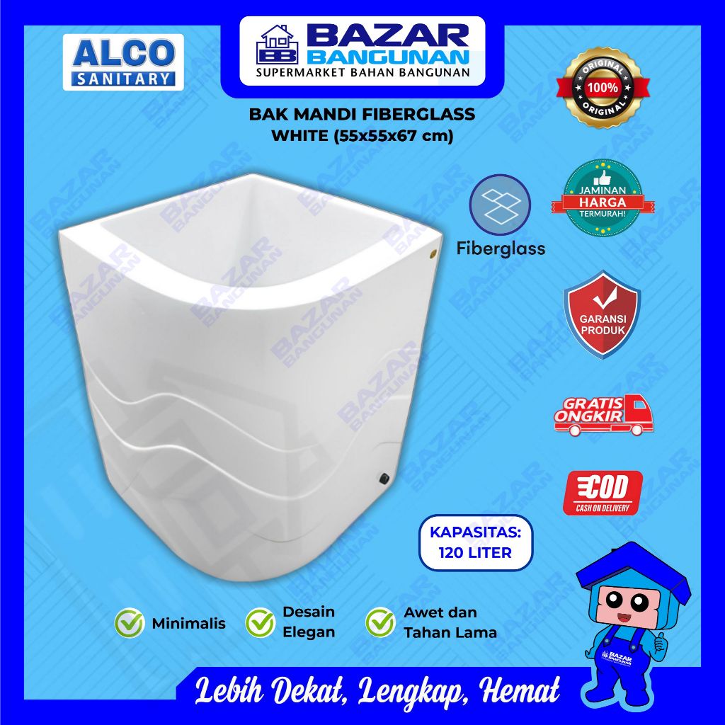 Alco - Bak Air Kamar Mandi Gentong Ember Sudut Luxury Oval Fiberglass 120 Liter White Putih Plastik