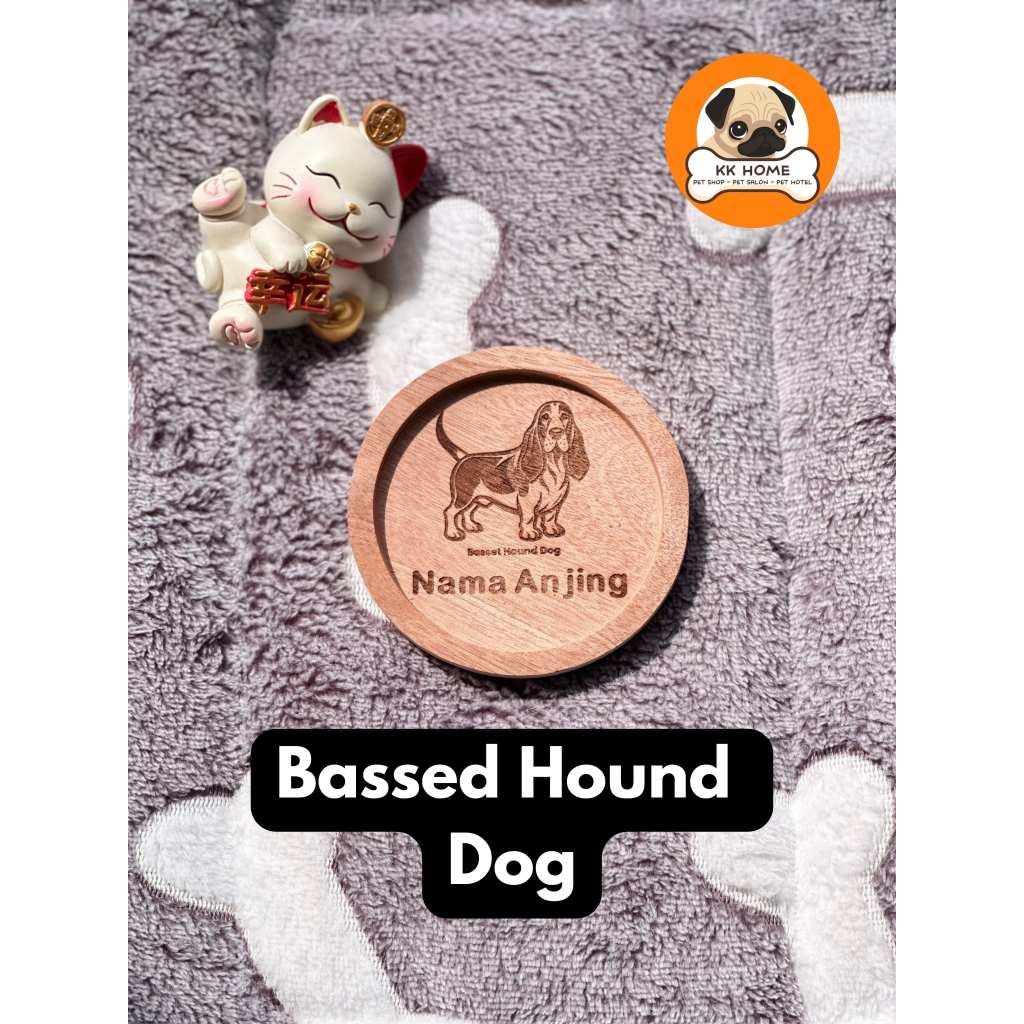 [FREE GRAFIR] Tatakan Gelas Kayu Custom Jenis Anjing Bassed Hound dan Nama 9Cm | Coaster Kayu Custom