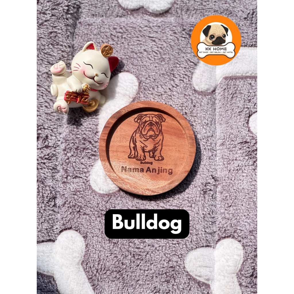 [FREE GRAFIR] Tatakan Gelas Kayu Custom Jenis Anjing Bulldog dan Nama 9Cm | Coaster Kayu Custom Jeni