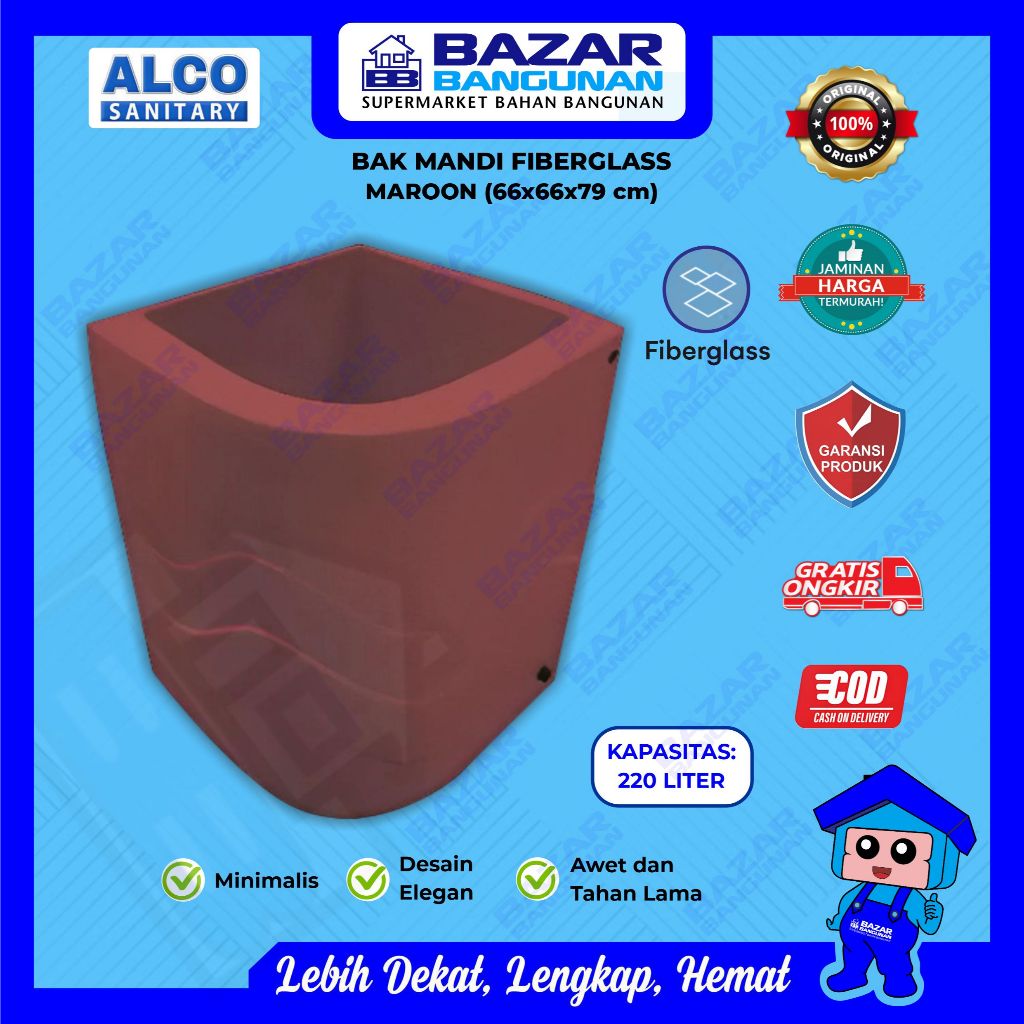 Alco - Bak Air Kamar Mandi Gentong Ember Sudut Luxury Oval Fiberglass 220 Liter Maroon Merah Plastik