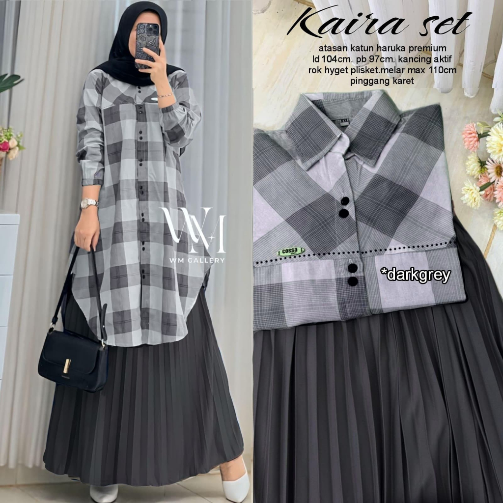 Setelan Rok Tunik Kaira set Bahan Katun Haruka Mix Plisket LD 107cm PJ Rok 90cm Kancing Aktif Busui