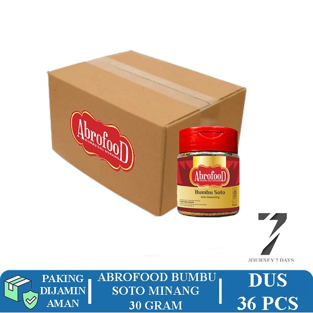 

ABROFOOD BUMBU SOTO MINANG BOTOL 30 GRAM DUS PER 36 PCS JOURNEY 7 DAYS DENGAN PAKING AMAN