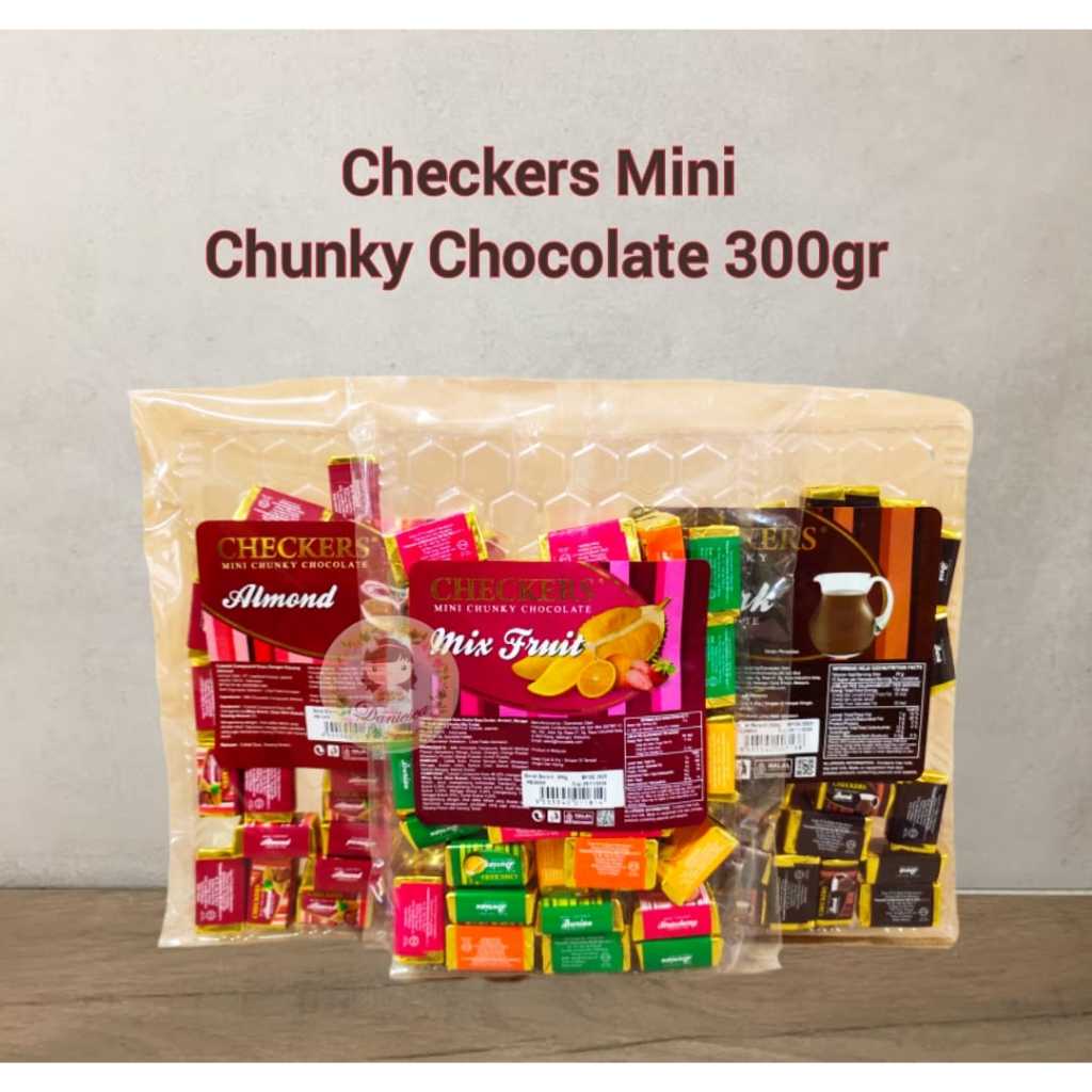 

Checkers coklat malaysia checkers Mini Chunky Chocolate Almond , mix fruit , Dark &White 300gr ( ds bgr )