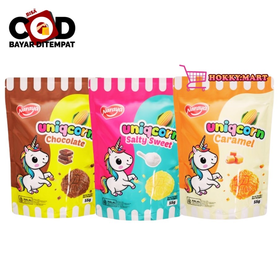 

[ HOKKY ] Naraya Uniqcorn Popcorn 55gr Caramel Chocolate Salty Sweet Pop Corn Big Ball Pouch Jagung Berondong Cemilan Snack Anak Halal Murah