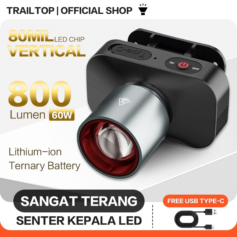 TrailTop Senter Kepala Zoom Head Lamp Led 60 Watt Super Terang Senter Kepala Rechargeable Type C