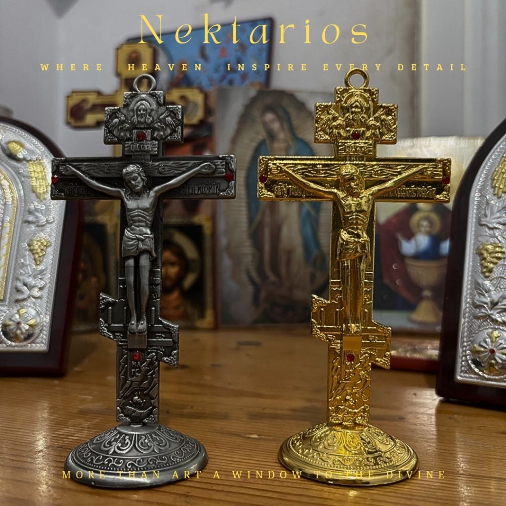 Nektarios Salib Altar Gold/Silver Duduk dan Gantung Kristen Katolik Orthodox Timur