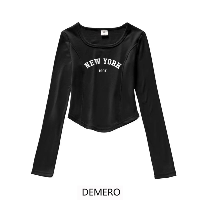 Demero Atasan Pendek Lengan Panjang Motif Kartun Cetak monogram| Kaos Ketat Wanita Modern Korea | Pa