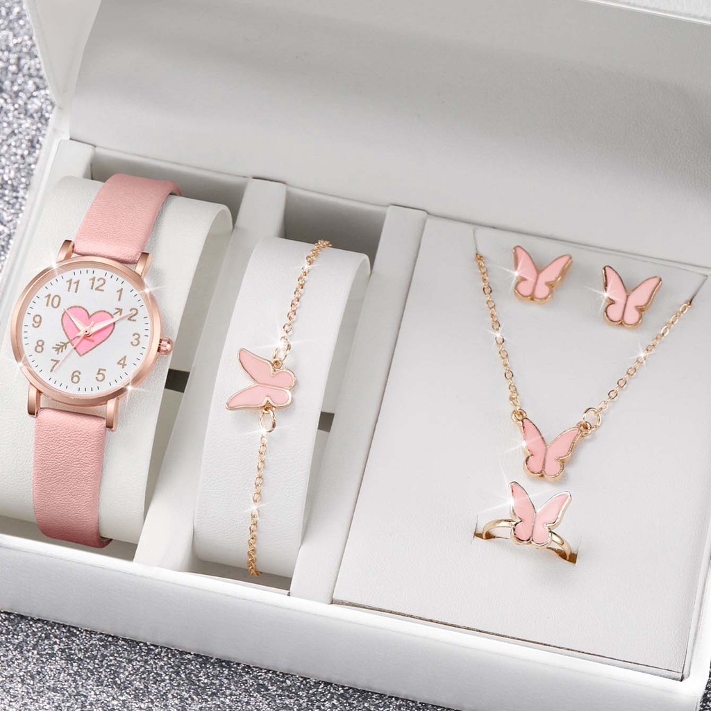 Set Jam Tangan Kuarsa Digital Wanita Set Jam Tangan Tali Kulit Siswa Jam Tangan Berbentuk Hati