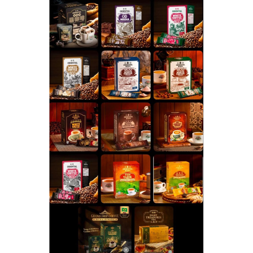 

coffee oriental malay original | clasicc | the tarik | mocha | royal chocolate | charcoal roasted | himalaya | extra kaw | coffee cham | no sugar added | hazelnut flavour | teh halia | drip coffee | eight trasures tea