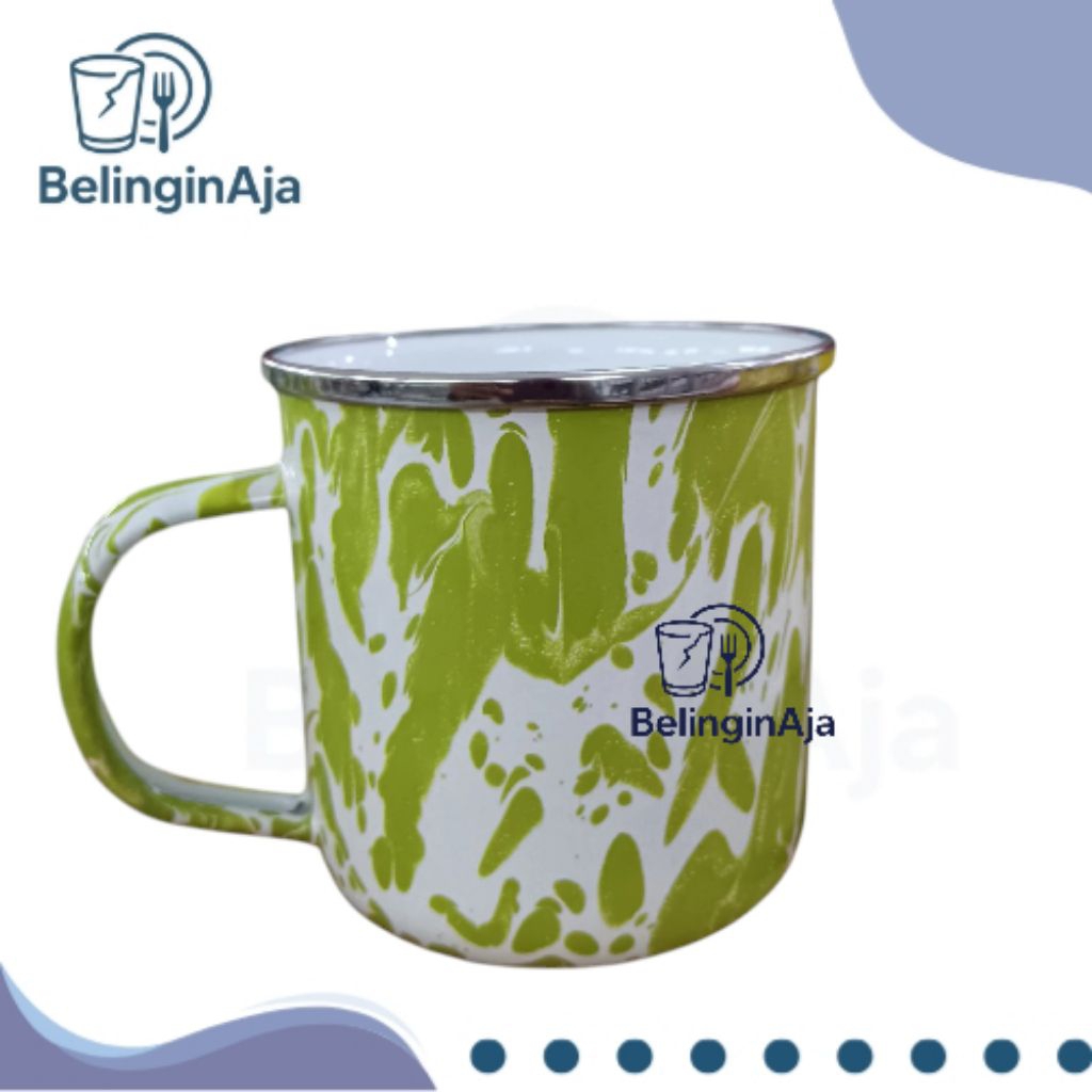 Gelas Mug Enamel Motif Loreng Marble 9cm Hijau Muda Cangkir Kopi Klasik