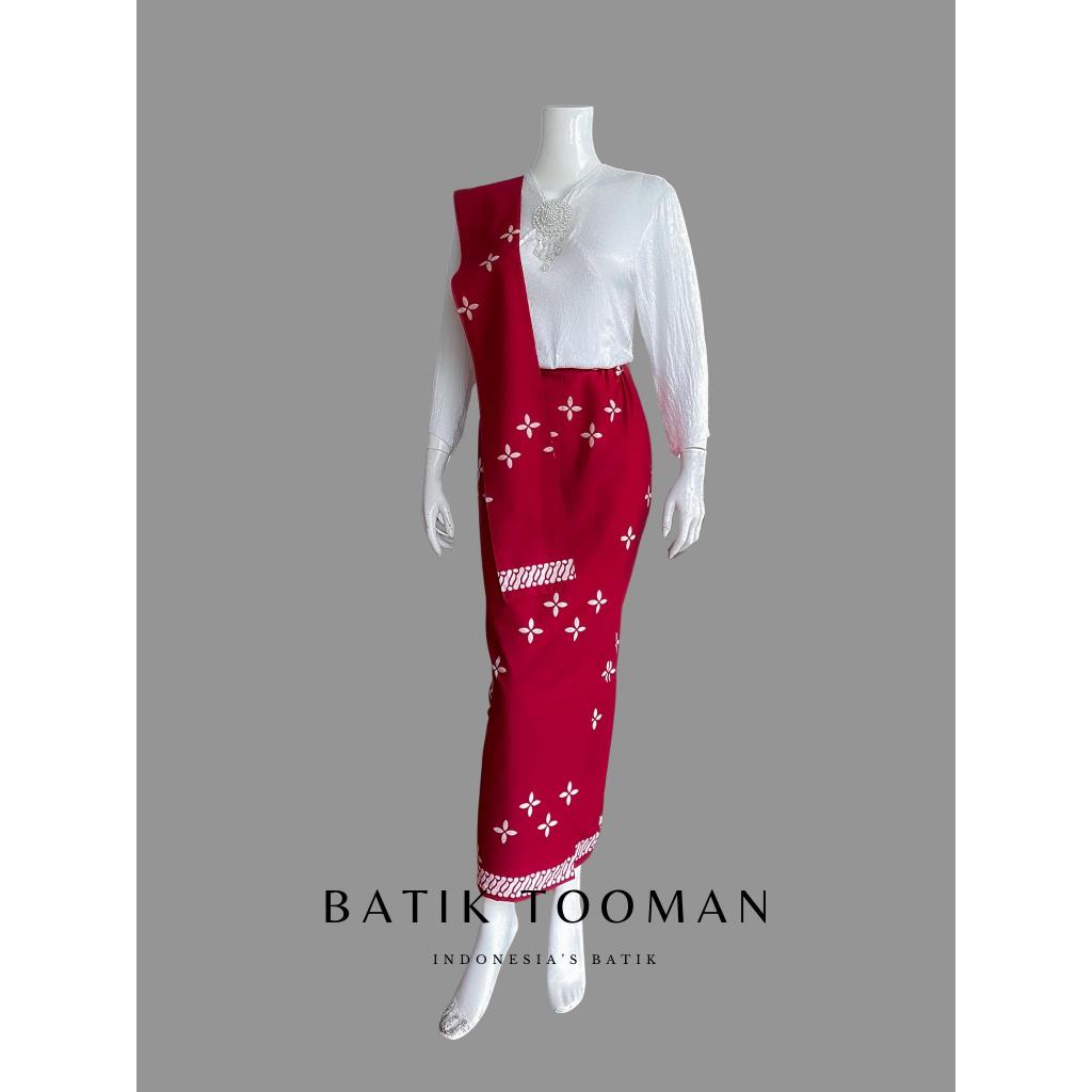 ALRUMI Merah Rok Batik Span Instan Resleting Warna Red Katun Halus Berselendang