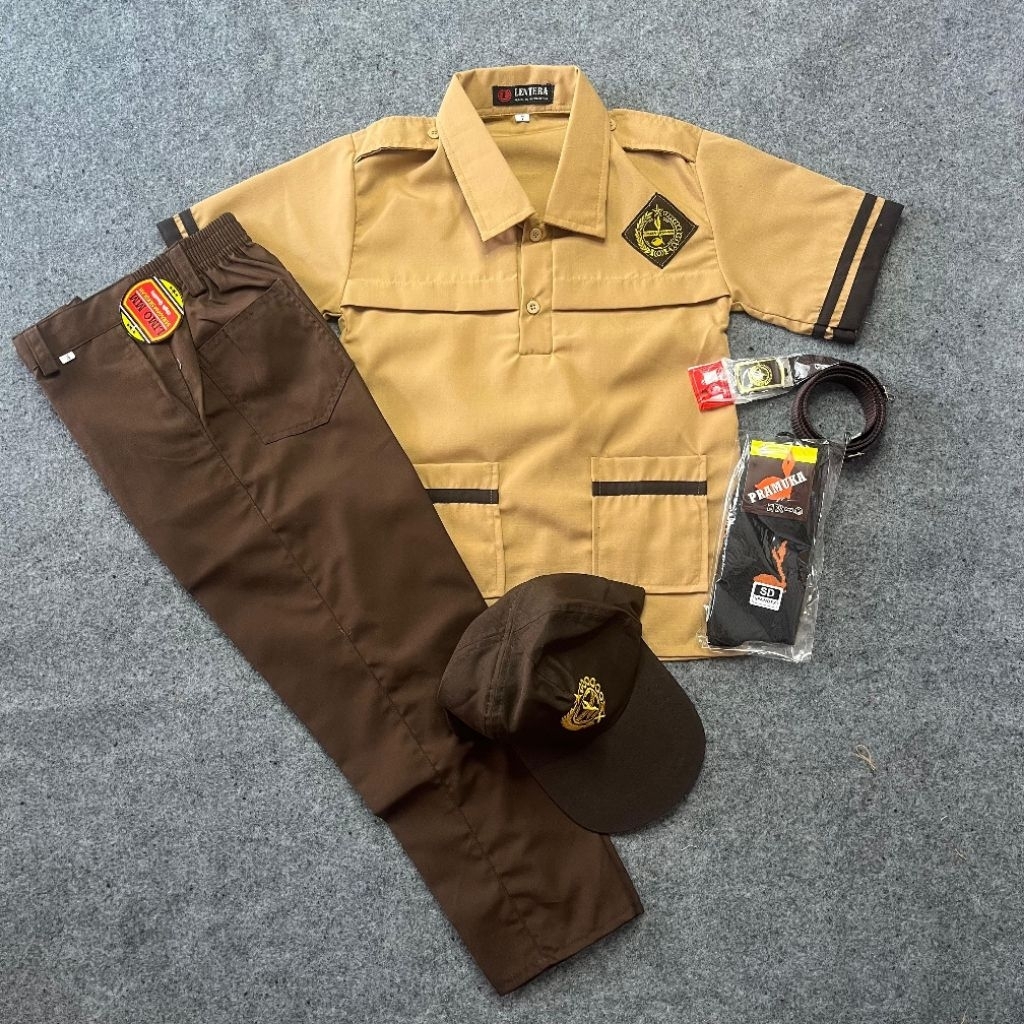Seragam Lengkap SD Pramuka Siaga Laki-laki Baju Lengan Pendek Celana Panjang Pramuka coklat Atribut 