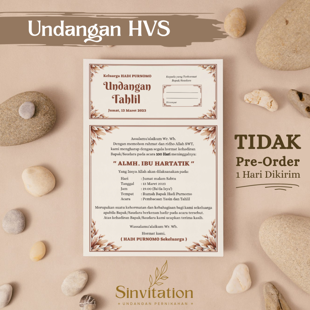 

Cetak Undangan HVS coklat Walimatul Ursy, Pernikahan, Tahlil, 7 Bulanan, Aqiqah, Khitan, Sinvitation