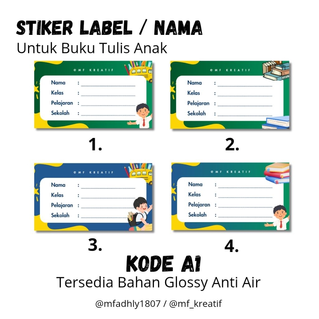 

(isi 40 pcs) Stiker /Label Nama Buku Tulis Bahan Anti Air