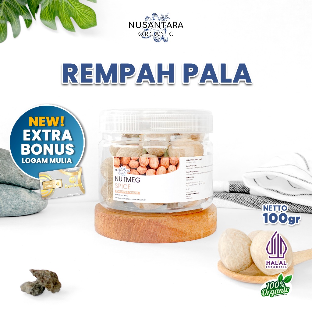 

Nusantara Organic Biji Pala Utuh Rempah Organik Alami Rimpang Kering Nutmeg Whole 100gr