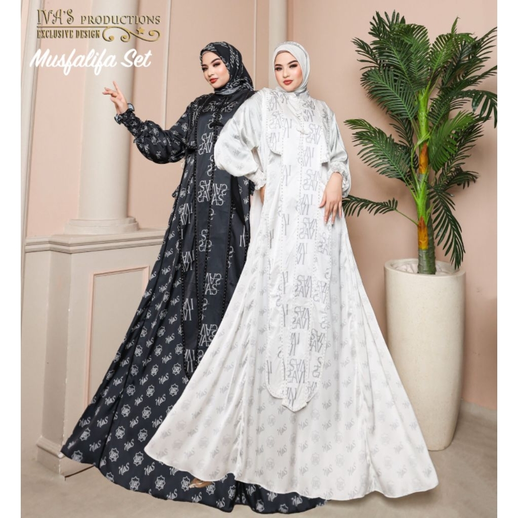 Musdalifah Set by Iva's Production gamis set scarf printing premium gamis fashion kekinian gamis mod