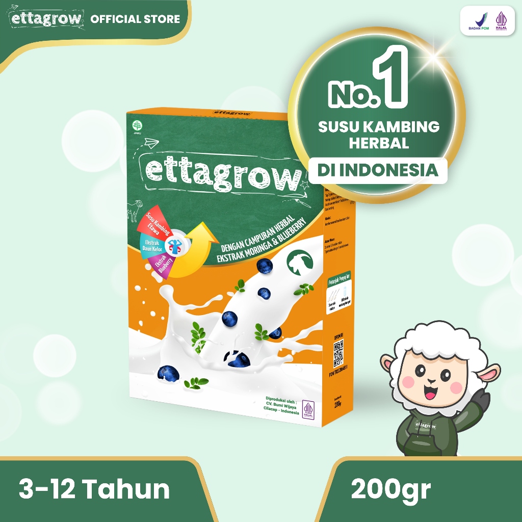 

ETTAGROW 200gr – Susu Kambing Herbal Anak No.1 di Indonesia | Kombinasi Kelor & Blueberry!
