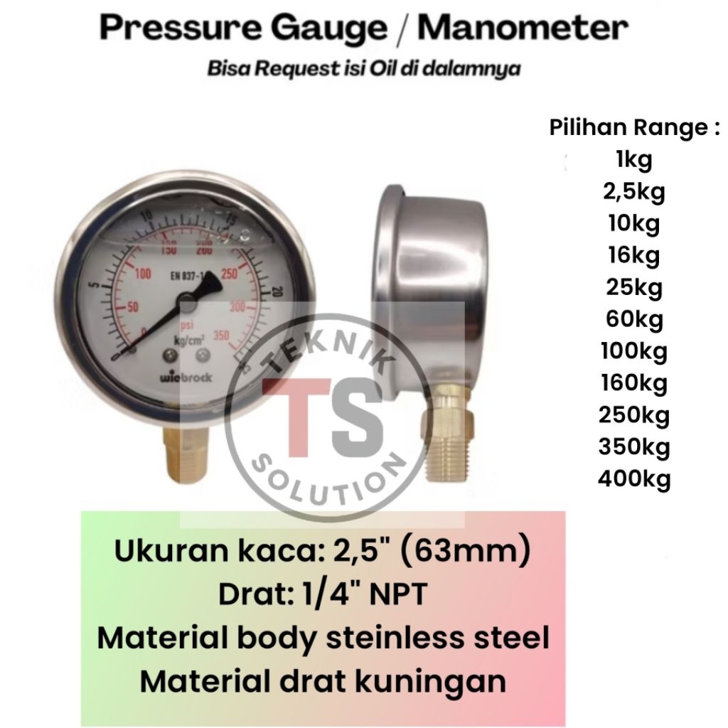 Pressure Gauge 2,5" inch tekanan 1kg ~ 400kg Drat 1/4"npt
