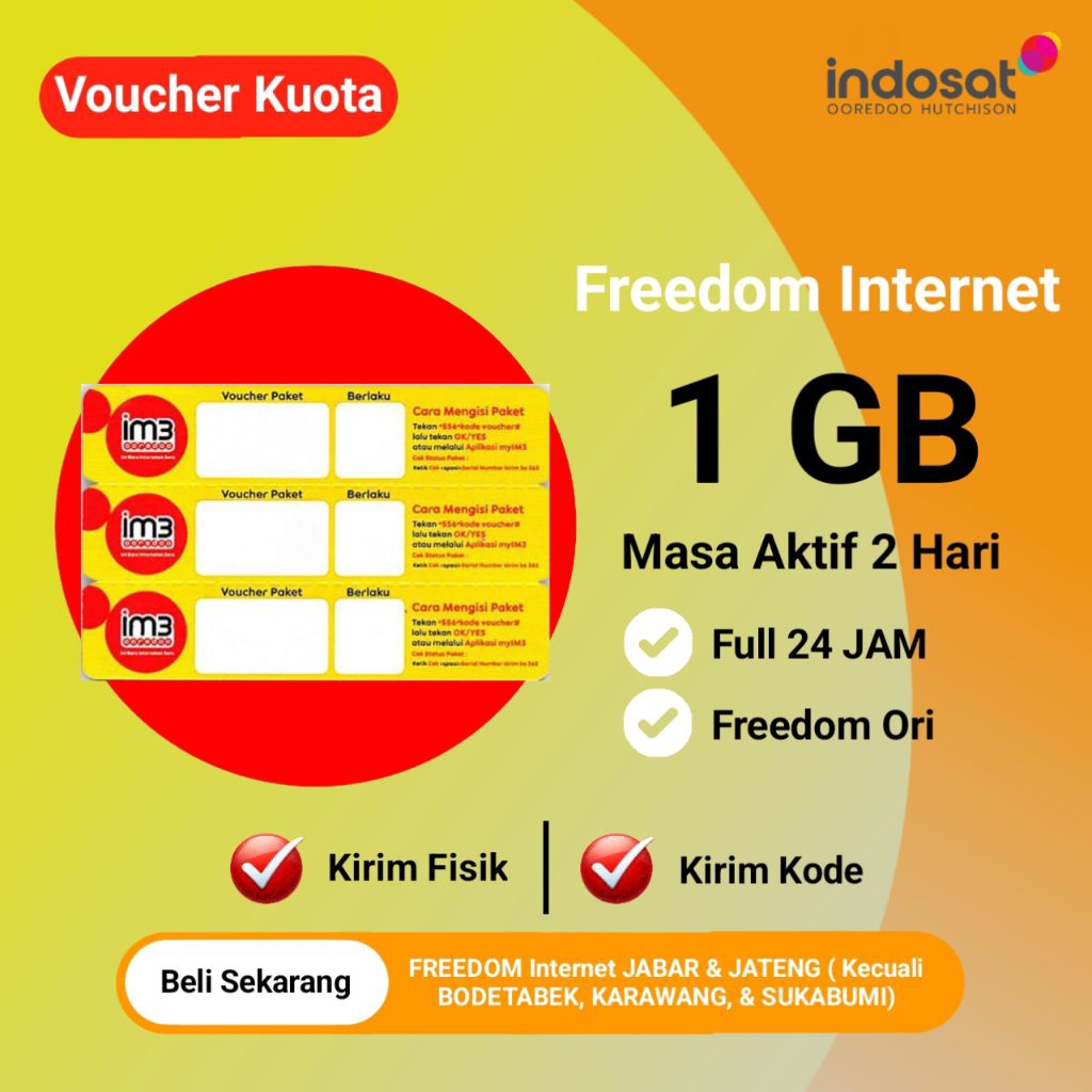 Voucher Indosat 1 GB 2 Hari - Voucher Kuota IM3 1 GB 2 Hari Full 24 Jam - Paket Freedom Internet