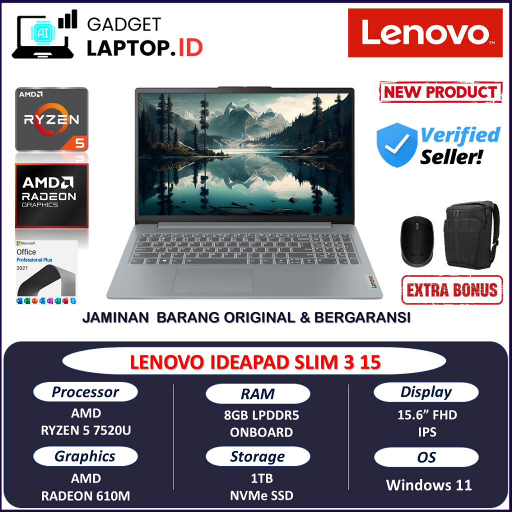 Laptop Lenovo Ideapad Slim 3 15 Amd Ryzen 5 7520U Ram 8GB DDR5 1TB Ssd