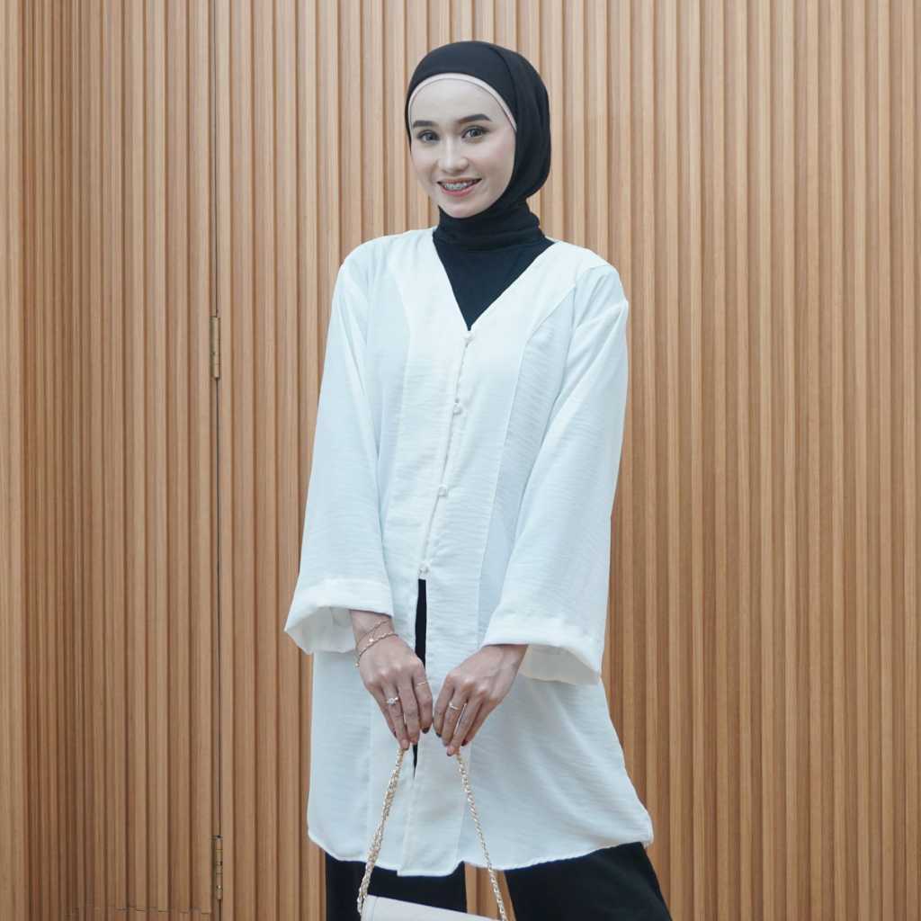 TUNIK SATINE – Tunik Putih Wanita Muslimah Lengan Panjang Elegan Bahan Adem Kekinian | All Size