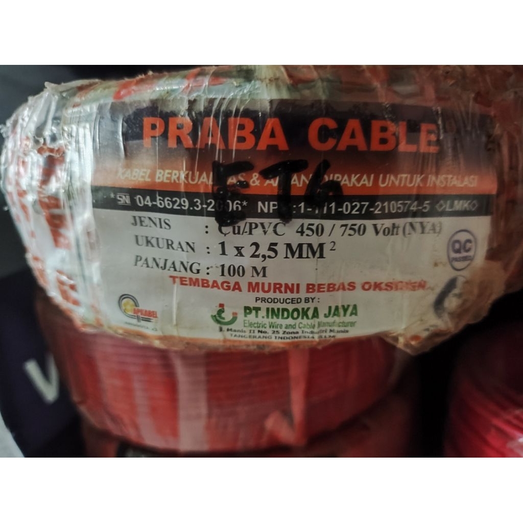 KABEL NYA 1X2,5 MM² 100M PRABA NYA 1x2,5 KABEL KAWAT TUNGGAL TEMBAGA SNI