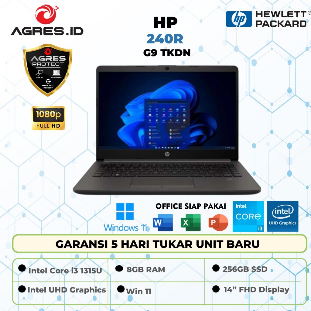 Laptop Bisnis HP 240R G9 Intel Core i3 1315 Ram 8Gb Ssd 256Gb Win 11 14" FHD  Garansi Resmi