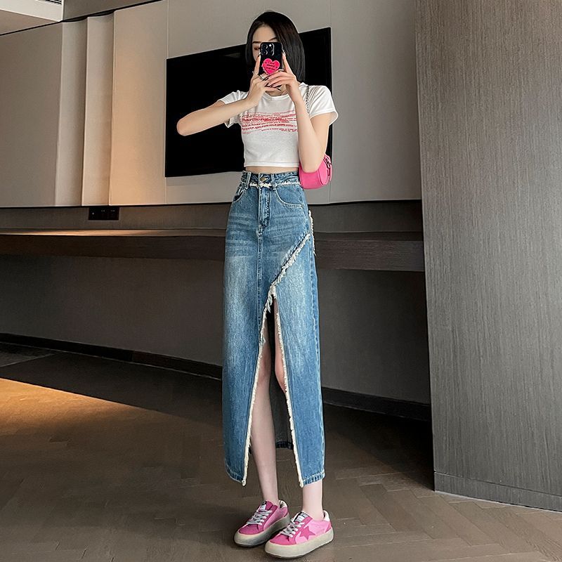 Rok Jeans Panjang High Waist Premium dengan Detail Kulit Asli - Stylish & Nyaman - XS/XL Terlaris