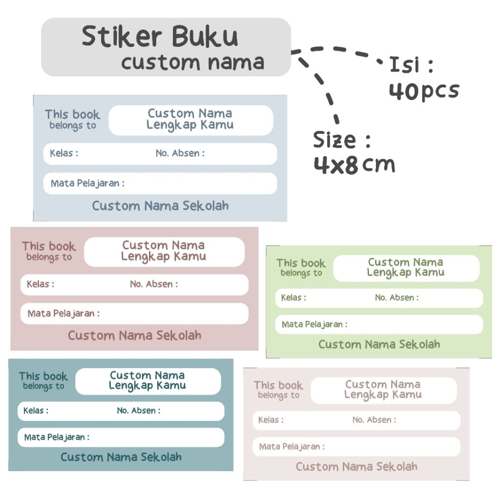 

Stiker Buku Custom Nama Warna Pastel untuk Remaja dan Anak Anak