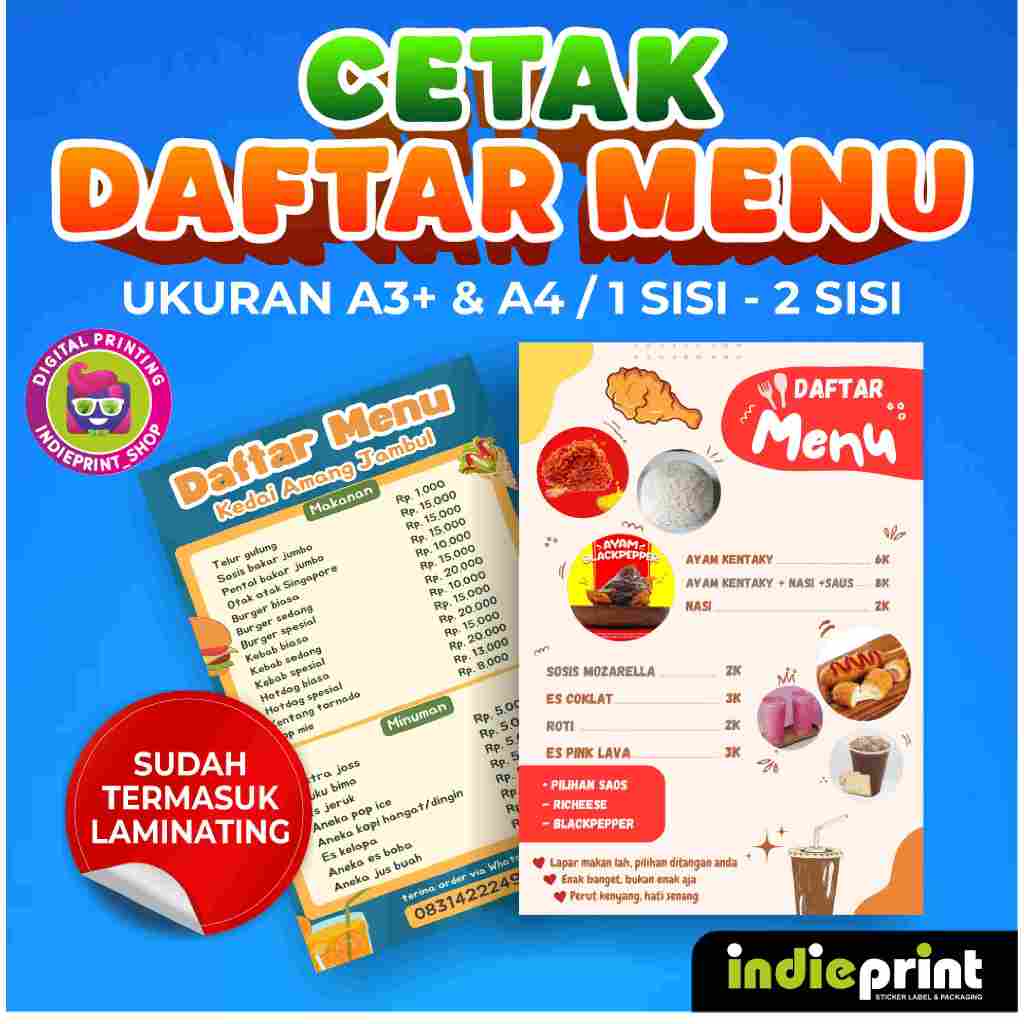 

CETAK DAFTAR MENU UKURAN A3+ & A4 LAMINA(FREE DESIGN)