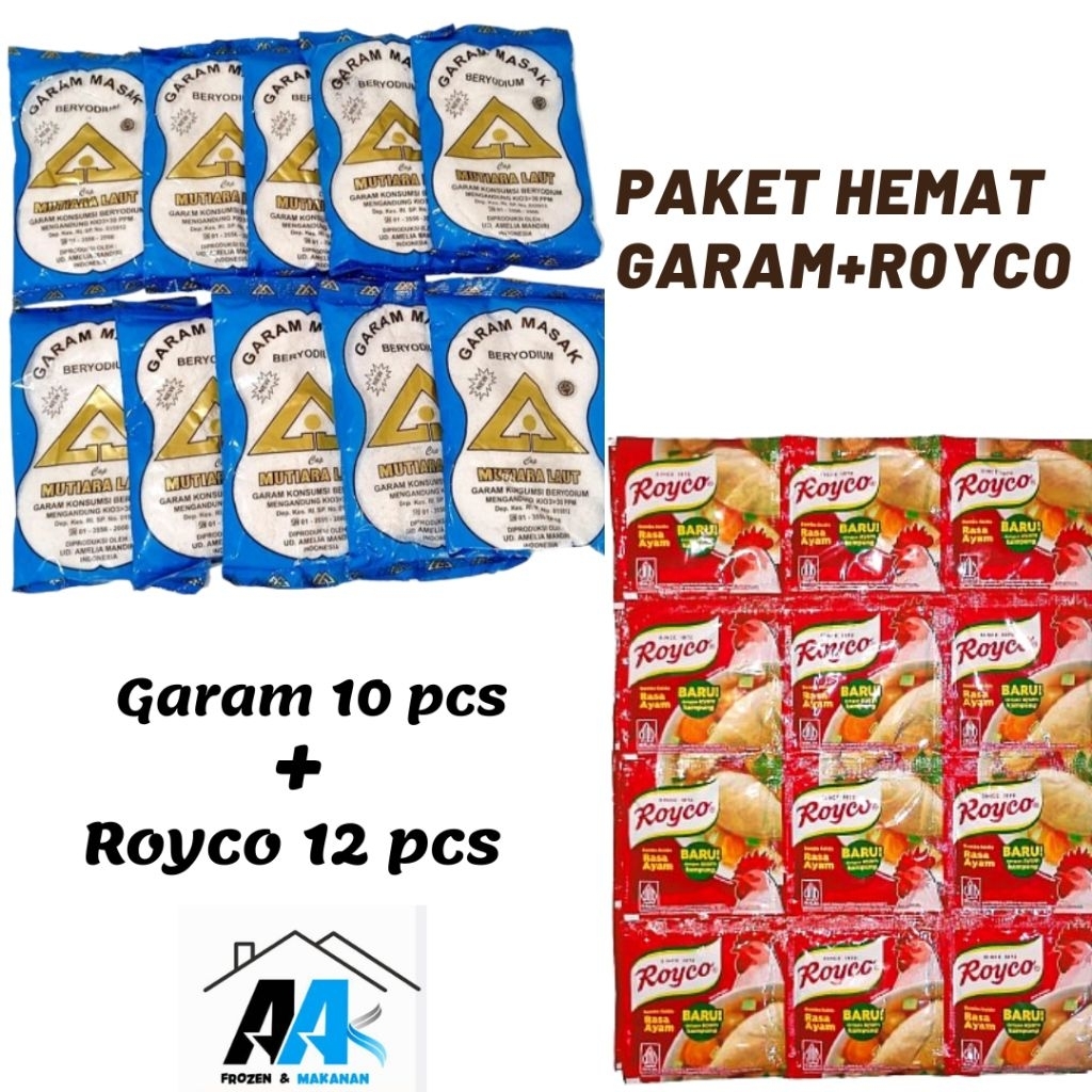 

PAKET 10 PCS GARAM + 12 PCS ROYCO/MASAKO AYAM/SAPI 8 GR, GARAM DAPUR BERYODIUM PAKET HEMAT