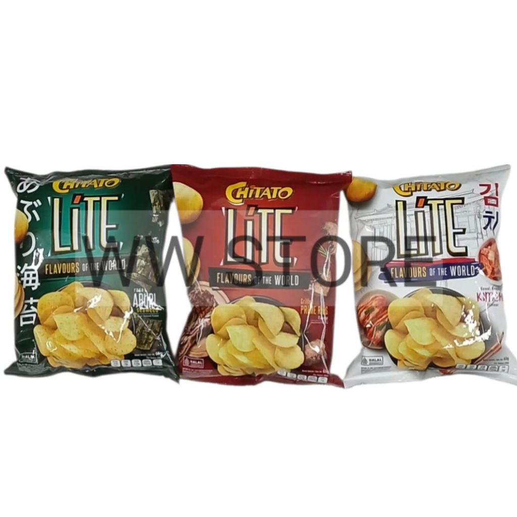 

Cemilan snek kripik keripik kentang rasa rumput laut iga bakar snack makanan ringan halal MUI CHITATO LITE FLAVOURS OF THE WORLD Seoul Baechu Kimchi / Aburi Seaweed / Grilled Prime Ribs Flavour flavor potato chip chips snack 65g.