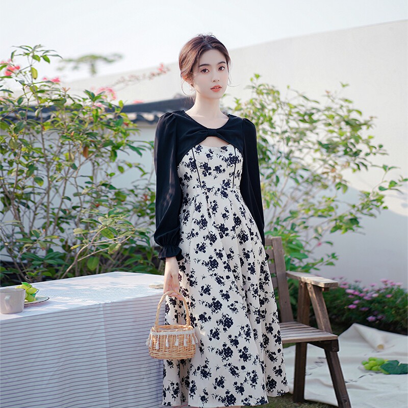 Long Dress Retro dress bunga Tampak 2 pesta korea dress korea tangan panjang gaun dress korea K002