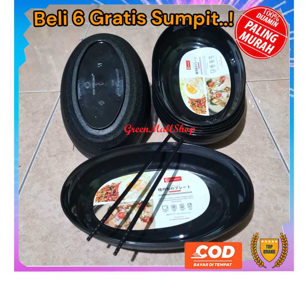 6 Pcs Piring Oval Mangkok Ramen Ulir Japan Plastik Hitam Dan Putih Saji Ceper Tebal Bukan Melamin