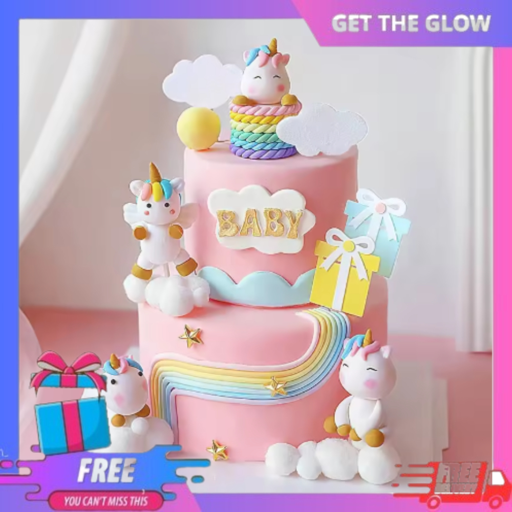 Cake Topper Unicorn 3D Hiasan Kue Ulang Tahun Karakter Unicorn Rainbow Putih Pink Untuk Hiasan Dekor